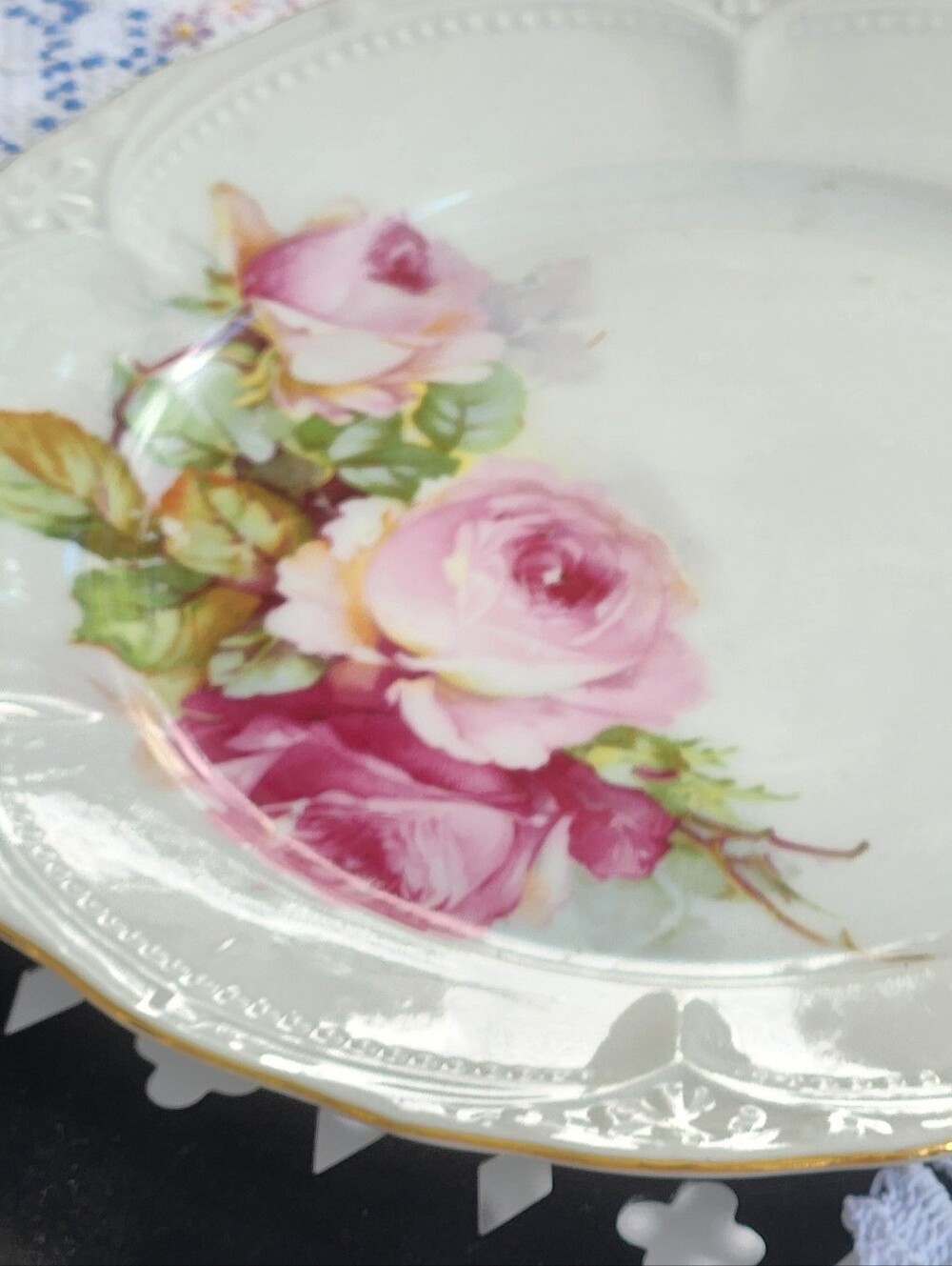 2 Vintage German Porcelain Rose Tea Plates - Picture 2 of 9